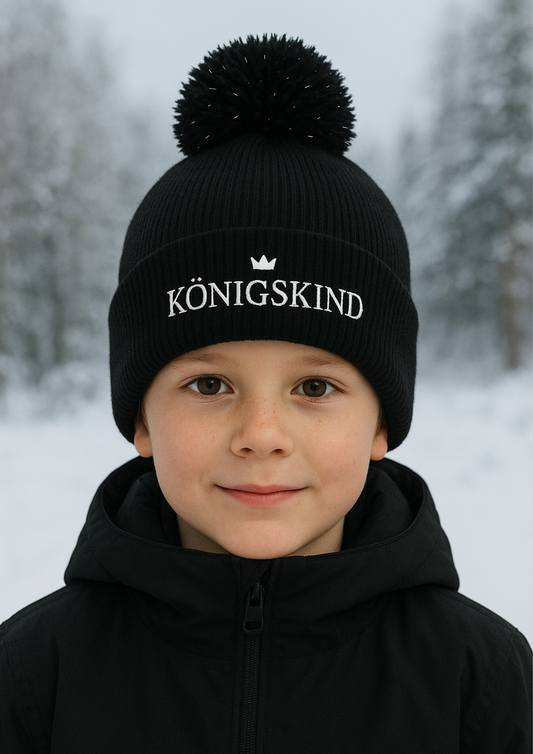 Königskind Bommelmütze | Christliche Wintermütze mit Reflektoren für Kinder
